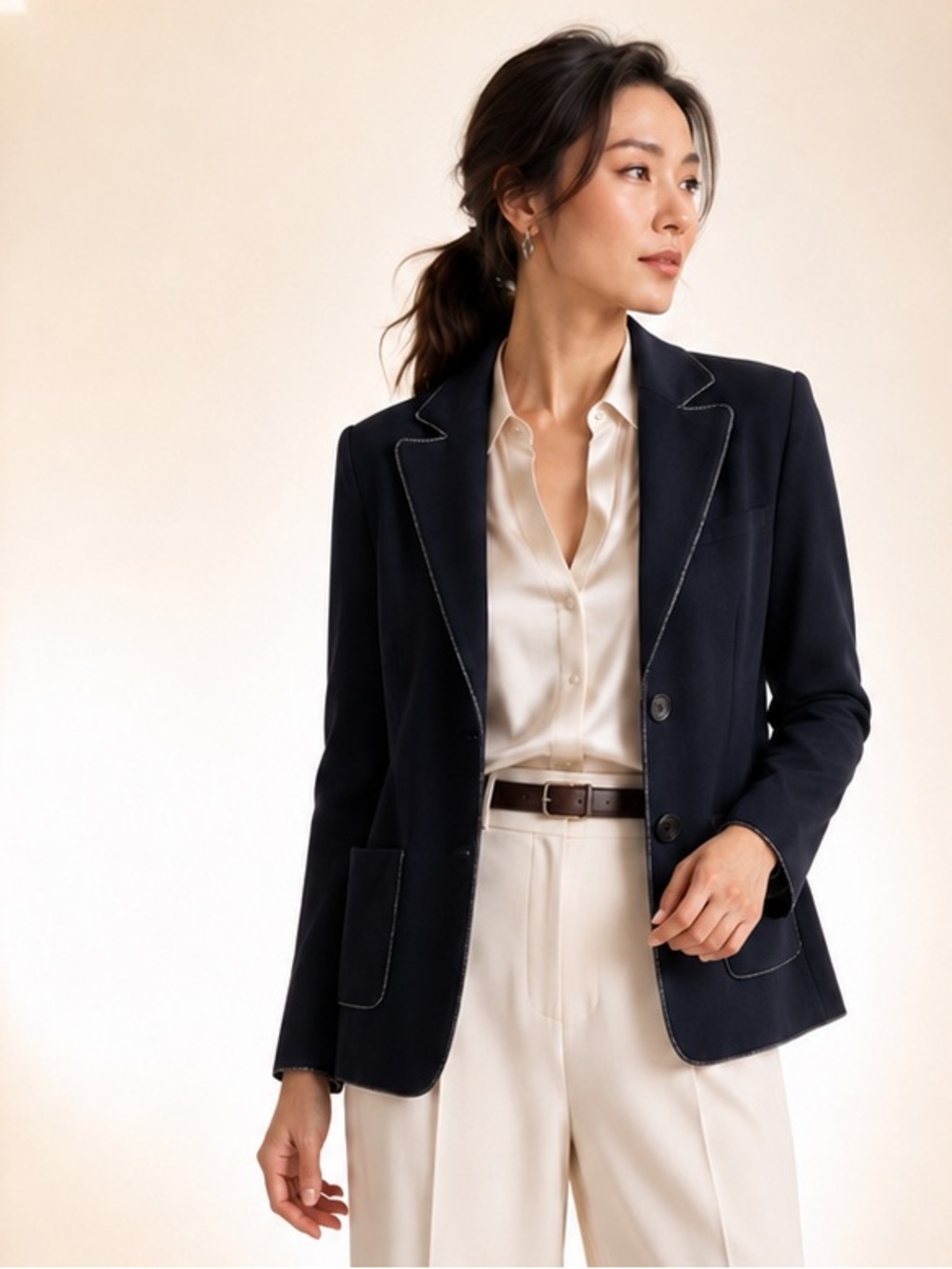 Marc Cain Midnight Navy Virgin Wool Knit Blazer Lurex Trim Sz N2/US Size 4